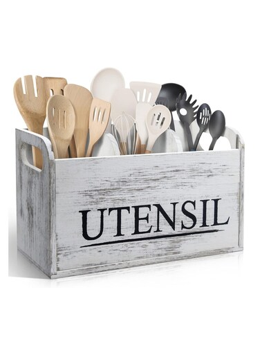 Nest Rustic Wooden Utensil Holder with 3 Compartments &acirc;&euro;&ldquo; Large Countertop Kitchen Utensil Organizer for Spatulas, Spoons, Whisks &acirc;&euro;&ldquo; Farmhouse Style Crock with Removable Cover &acirc;&euro;&ldquo; Easy to Clean &amp; Drain