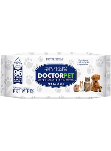 Doctor Pet Wipes 96's &ndash; 99% Water Content,Fragrance Free,Hypoallergenic, Extra Large Wipes for Daily Cleansing