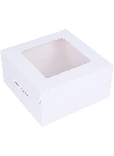 Bundles and Seasons   Cake Box with Window and Round Board - It can be used for Cupcake, Cookies, Pastry, Restaurant and Bakery Containers L 12" x W 12" x H 5" White, the Board is 12" Silver board.