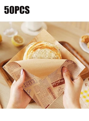 50-Piece Kraft Paper Packing Bags, Donut Bread Bags Sandwich Packing Bags, Wedding Decoration Food Greaseproof Paper Bags(18*18cm)