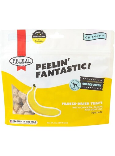 Primal Pet Foods Freeze Dried Dog Treats; Chicken &amp; Banana Dog Treats with Goat Milk for Dogs, Peelin' Fantastic, Grain Free Training Treats for Dogs with Probiotics, 2 oz