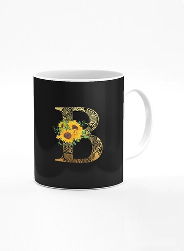 Designer Printed Coffee Mug 11oz Ceramic Personalised Gift Mugs Cup Custom Monogram Initial Letter Mandala Floral Pattern Alphabet B (Black)