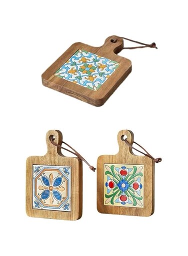 REPALY 2 Pics Wooden Ceramic Vintage Ethnic Floral Trivets (blossom1*Cardamom1)