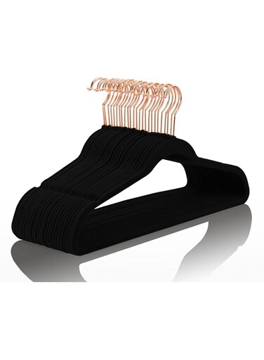 MIZGI Premium Velvet Hangers (50 Pack) Heavy Duty - Non Slip Felt Hangers - Velvet Suit Hangers Black - Rose Gold Hooks,Space Saving Clothes Hangers, One Size
