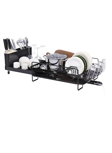 Dish Rack Expandable Drying Stand Kitchen Organizer With Tableware Cutting Board Drainer 1 Tier (Expandable BLACK)