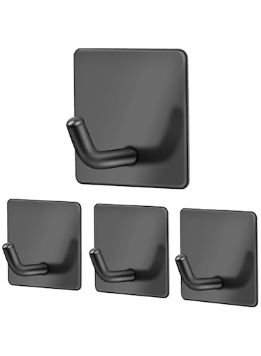 JS 4 Pack Self Adhesive Hooks, Stick on Wall Hooks Heavy Duty Waterproof Coat Key Towel Hooks Holder for Bathrooms,Kitchen,Lavatory Closet,Door,Stainless Steel Hooks, Black