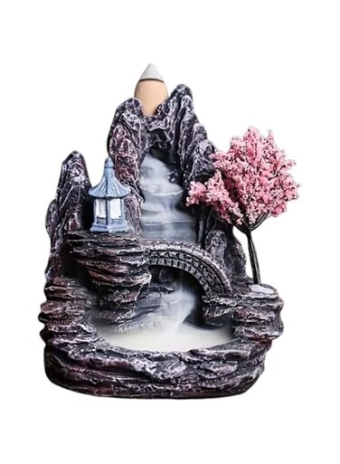 Cherry Blossom Mountain Backflow Incense Burner - Perfect for Living Room, Spa, Yoga, Meditation &amp; Bedroom Decor   Waterfall Design with Ash Collector   Ceramic Home Accent