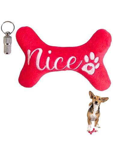 PETSARY (Nice) Christmas Bone Shape Squeaky Toy &amp; 1 Pcs Pet Id Tag Gift - Xmas Long-Lasting Interactive Durable Plush Toy - Soft Stuffed Animal Teething Chew - Holiday Gift Your Good Boy or Girl Red