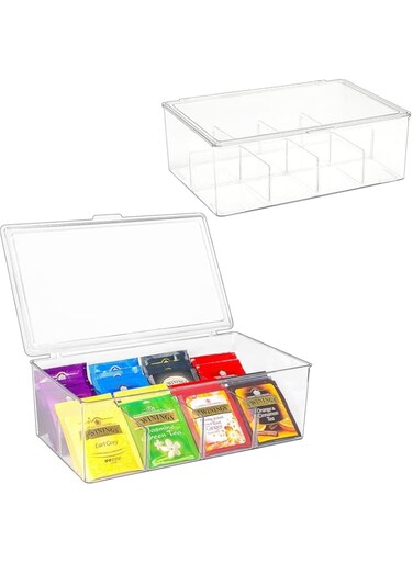 Khazna Tea Bag Organizer, Clear Acrylic Tea Storage Box with Lid, Plastic Tea Bag Holder Stackable Tea Organizer for Tea Bags Container Dispenser for Cabinet Pantry Counter Countertop -Clear