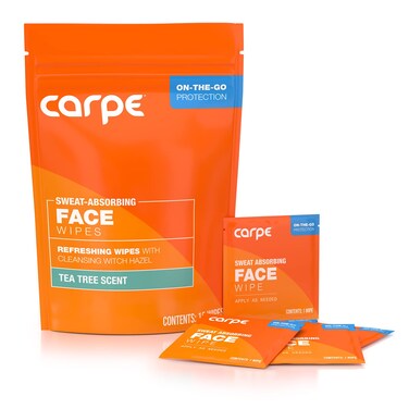 Carpe Sweat Absorbing Face Wipes (15 Facial Wipes). Witch Hazel &amp; Tea Tree Oil Wipes Infused with Eucalyptus. Energizing, Refreshing, and Soothing. Sweat and Oil Control