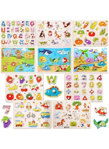 4 Pack Wooden Peg Puzzle for Toddlers 2 3 4 Years Old, 4 PCS Montessori Educational Learning Puzzles Set-Numbers, Letters, Animals and Fruits, Great Preschool Gifts for Girls and Boys(Random)