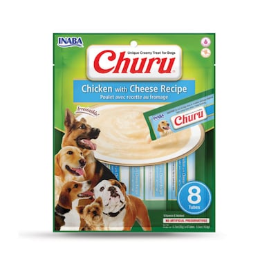 Inaba Dog Churu Chicken with Cheese Recipe 8PCS/PK - 112g, Grain-Free Lickable Cat Treat/Topper with Vitamin E
