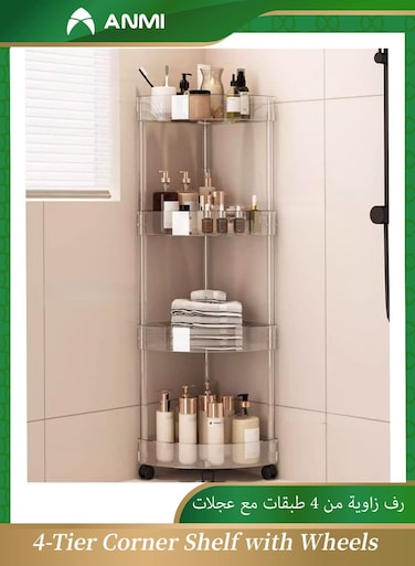 4-Tier Corner Shelf with Wheels, Movable Storage Rack for Kitchen, Bathroom &amp; Living Room   Stainless Steel &amp; Plastic Stand