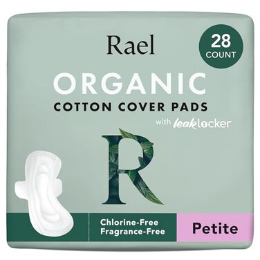 Rael Pads For Women, Organic Cotton Cover - Period Pads With Wings, Feminine Care, Sanitary Napkins, Light Absorbency, Unscented, Ultra Thin (Petite, 28 Count)