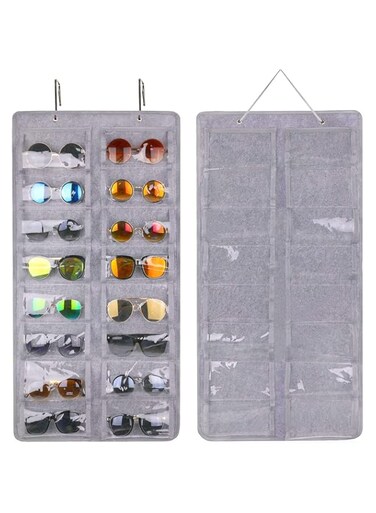 KASTWAVE Sunglasses Organizer Storage Holder, Hanging Dust-Proof Glasses Storage Box with Metal Hook and Rope, 16 Slots, Gray