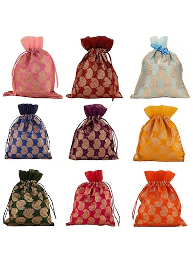 Touchstone New Gorgeous Indian Traditional Bags Pouches Potli For Gift Wedding Jewelry Packaging Bridal Party Favors Assorted Colors Set Of 9 For Women.