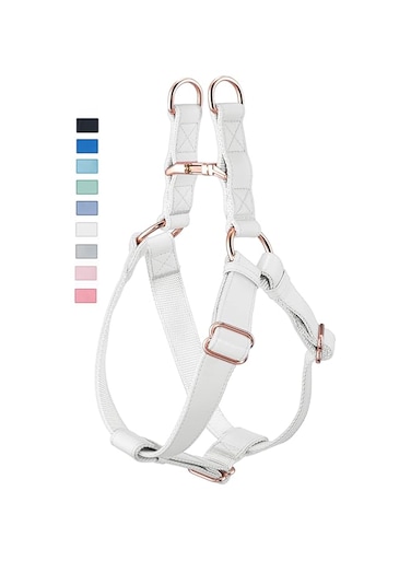 Soft Leather No Pull Dog Harness - Adjustable Step in Dog Harness with Rose Gold Heavy Duty Metal Buckle, Freedom Nylon Dog Halter Vests for Small Medium Large Dogs Easy Walking Training (White,S)