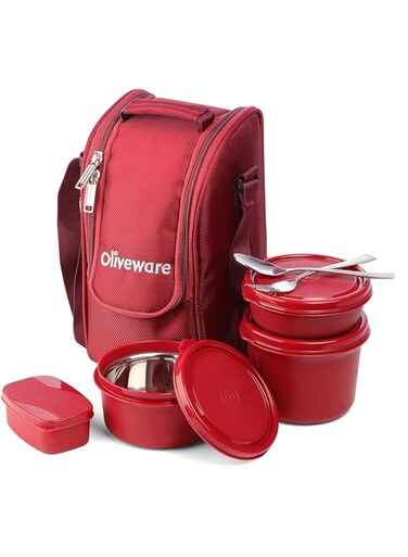Oliveware Executive Lunch Box, Microwave Safe, 3 Inside Steel Container with BPA Free Airtight Lids (290ml, 450ml, 600ml), Plastic Pickle Box (130ml) &amp; Steel Cutlery - Red