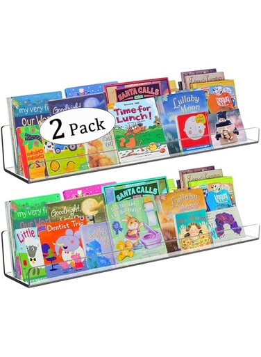 Acrylic Wall Shelf Kids Bookshelf 24 Inch, 2 Pack Floating Wall Ledge Shelf, Clear Invisible Spice Rack, Makeup Organizer, Bathroom Storage Shelves Display Organizer Toy Picture Ledge with 6 Screws