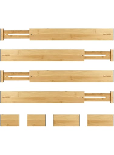 CozyVenient Adjustable Bamboo Drawer Dividers for Clothes, Kitchen Utensils, Office Desks, Bathroom Accessories, Socks and Underwear, and Personal Items, 4 Dividers with 4 Partitions