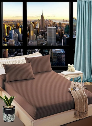 Pastel Brown Double Size Stripe Deep Pocket Bed Sheet Set Cotton 150x200+20cm