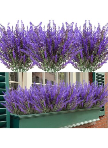 ZEOSTARO Artificial Lavender Flowers 12 Bundles Outdoor UV Resistant Fake Flowers No Fade Faux Plastic Plants Garden Porch Window Box Decorating (Purple)