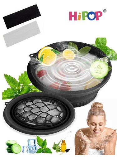 Face Bowl for Ice with Built-in Icetray, Portable Foldable Silicone Ice Facial Bowl with Hairbands, for Home Travel Camping Ice Bath Facial Plunge Bowl, Spa Tool for for Cold Plunge Therapy Skin Tightening Acne Relief &amp; Anti-Inflammation (Black)