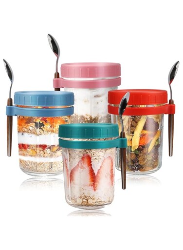 Overnight Oats Jars with Lid and Spoon, 350ml Airtight Oatmeal Container with Marks, Leakproof Wide Mouth Portable Mason Jars Breakfast Container for Salads Yogurt Cereal Milk (Pink+Red+Green+Blue)