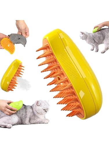 Fawoonu Steamy Cat Brush, Cat Steam Brush, 3 In 1 Cat Steam Brush, Steam Brush For Cats, Cat Hair Brush for Removing Tangled And Loose Hair (Yellow)