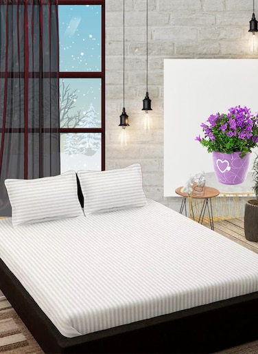 White Cotton Queen Striped Fitted Elastic Bedsheet Set 180x200+25cm