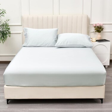 100% Rayon Derived from Bamboo Cooling Fitted Sheet in Queen Size (150cm x 200cm), 40cm Deep Pocket, 2.5cm Wider Strong Elastic, Silky Smooth, Ice Blue