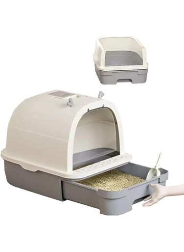 Coclux Large Cat Litter Box &iuml;&frac14;&OElig;53 * 43 * 42cm With Scoop And Hooded Cover,Easy Clean no Smell pet Litter Box,With closed and open two ways of use (grey)