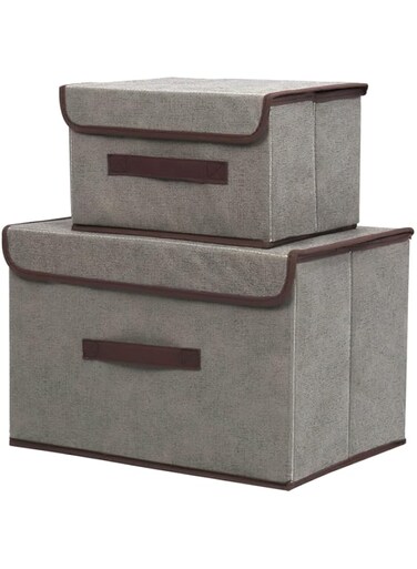 Swpeet 2pcs Grey Linen Foldable Storage Bins with Lids Kit, Large Collapsible Fabric Stroage Box, Stackable Storage Containers Closet Organizers for Home Office Storage