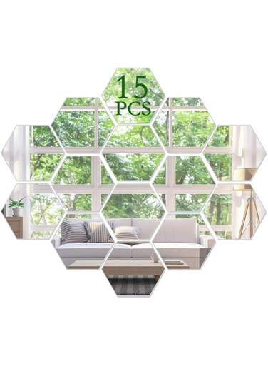 KimDaro Mirror Wall Stickers Non Glass Mirror Plastic Mirror 3D Hexagon Acrylic Mirror Wall Decor Self Adhesive Tiles (15 PCS)