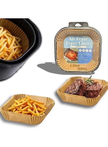 Basics Air Fryer Paper Liners -100pcs Non-Stick Parchment Paper for Air Fryer Oil-proof Air Fryer Disposable Paper - Square Baking Paper - Brown - Square - 6.3inch/16cm.