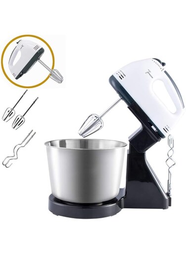 JJONE 7-Speed Stand Mixer, Electric Hand Mixer, Hand Mixer With Bowl, Stainless Steel Whisk Handheld Mixer Egg Cream Whisk Food Beater with 2pcs Beaters, 2pcs Dough Hooks (White)