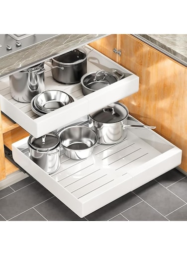 ANTOLE Pull Out Cabinet Organizer Fixed With Adhesive Nano Film,Expandable Slide Out Pantry Shelves,Heavy Duty Kitchen Storage Organizer,Sliding Drawer Pantry Shelf for Kitchen (White)