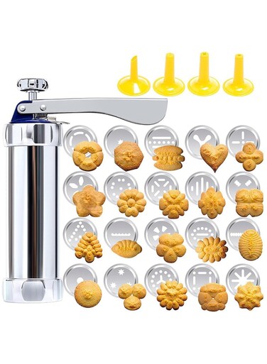 Cookie Press Gun Kit, Stainless Steel Biscuit Press Maker with 20 Decorative Molds and 4 Nozzles, Homemade Baking Biscuit Tool, Cookie Press for Baking, DIY and Decoration