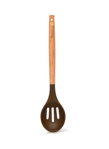 Chefs Tools Silicone Slotted Spoon With Wooden Handle Brown 32 x 7cm