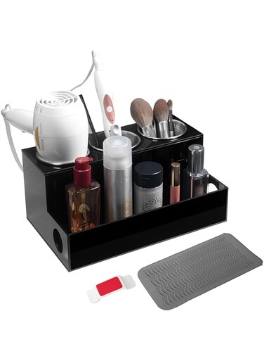 A &amp; R Hair Tools Organizer, Black Acrylic Blow Dryer Holder, Hair Dryer Organizer for Countertop, Bathroom &amp; Vanity with 3 Heatproof Steel Cups