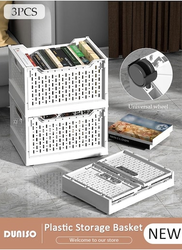 3 Packs Stackable Plastic Storage Basket, Foldable Closet Organizers Storage Bins with a Set of Wheels, Removable Drawer Shelf Storage Container for Wardrobe Cupboard Kitchen Bathroom Office
