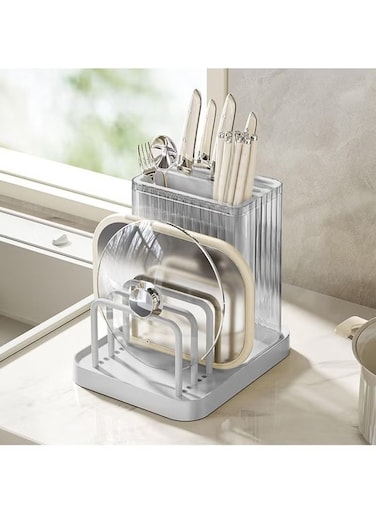 Knife Holders, Cutting Board Organizer Holders, Cutting Board Stand For Countertop, Knife Holders With Draining Tray, Rack Knife Integrated Storage, Cookware Storage (Grey)