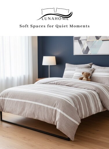 Home Single Size 4 Pieces set (1 Duvet cover - 160*210cm. 1 Fitted sheet - 100*200+30cm. 2 Pillow cases - 50*75cm.), Bedding set light Brown Stripe Design suitable for kids bedroom, use for single size bed