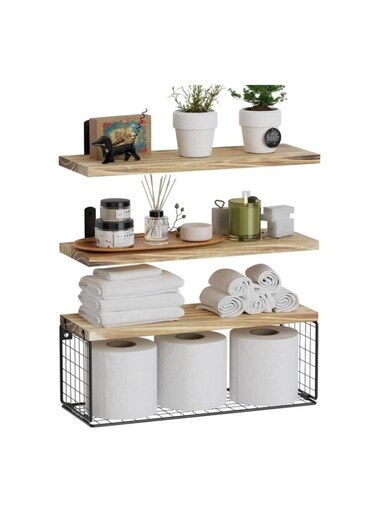 3-Piece Rustic Wood Wall Mounted Floating Shelves with Storage Basket for Bedroom, Living Room, Kitchen