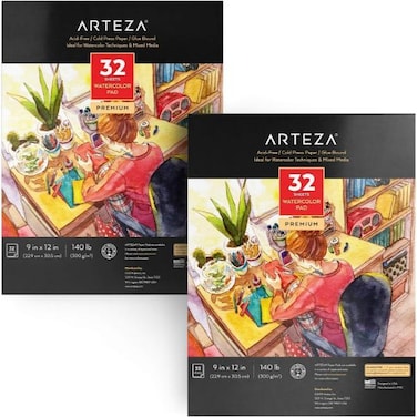 ARTEZA PREM WATERCOLOR PAD 9X12 2PK (150lb/300g), 32 sheets, 1 pack