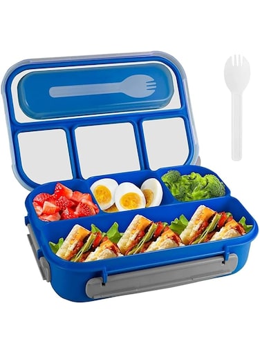 DIKXO Bento Box Lunch Box Kids, Lunch Box Containers with 4 Compartments&amp;Fork, Microwave Dishwasher Freezer Safe,BPA-Free (Blue)