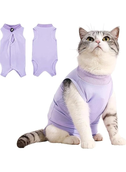 Rayyan Cat Recovery Suit for Abdominal Wounds or Skin Diseases, Breathable E-Collar Alternative for Cats and Dogs, After Surgery Wear Anti Licking Wounds, Neck with Elastic Band (Purple) (Medium)