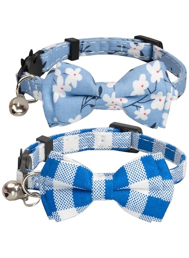 Gyapet Cat Collar with Bow Tie Bell Breakaway Safety 2pcs Floral Plaid Flower Solid Kitten Pet Boy Girl Male Female Blue Flower &amp; Plaid