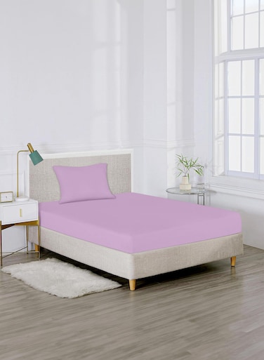 Linen Single Plain Fitted Elastic Bedsheet with 1 Pillow Case 90 x 190 Cm Lavender