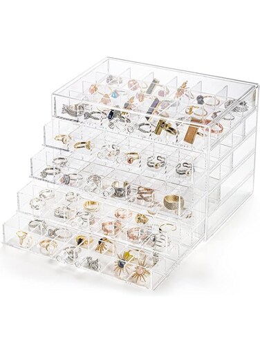 Tazweeq Acrylic Jewelry Storage Box, 5-Drawer Earring Holder Organizer with 120 Grids, Clear Display Case for Rings, Earrings, Beads, &amp; More, Ideal Birthday Gift for Women &amp; Girls